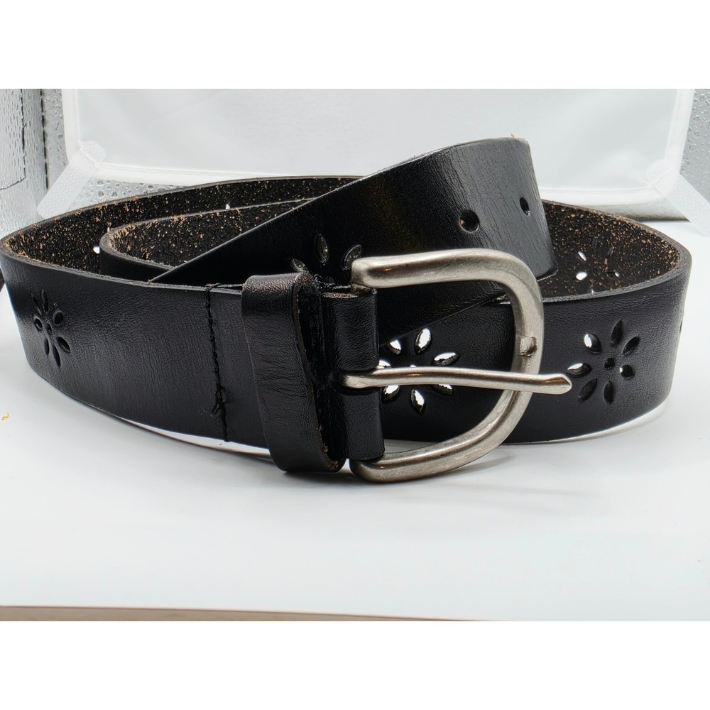 Aeropostale Black Genuine Leather Floral Laser Cut Belt Silver Buckle Medium